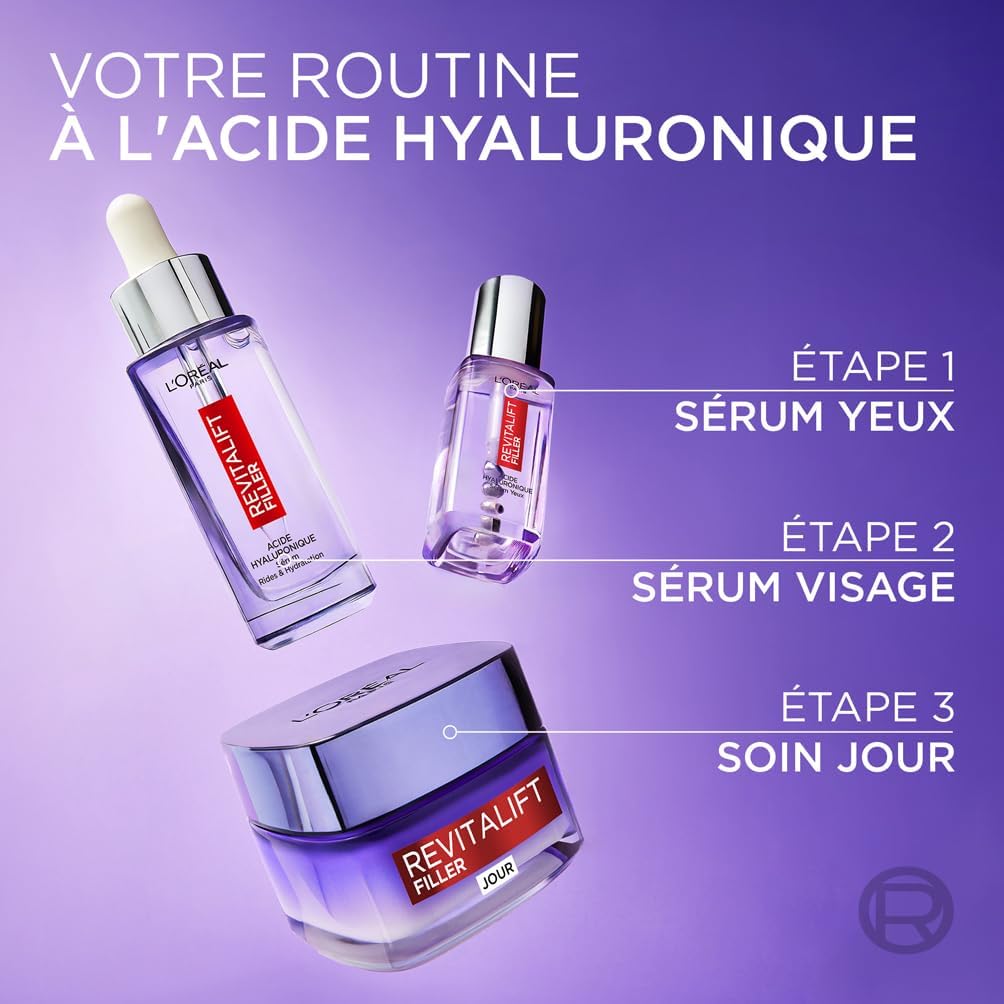 L'Oréal Paris - Soin Anti-Âge Revolumisant - Crème Jour Anti-Rides & Volume - Hydratation & Fermeté - Enrichi en Acide Hyaluronique - Pour Tous Types de Peaux - Revitalift Filler - 50 ml