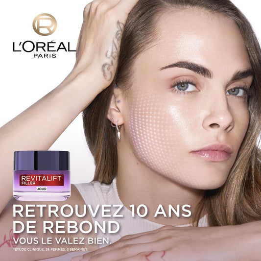 L'Oréal Paris - Soin Anti-Âge Revolumisant - Crème Jour Anti-Rides & Volume - Hydratation & Fermeté - Enrichi en Acide Hyaluronique - Pour Tous Types de Peaux - Revitalift Filler - 50 ml
