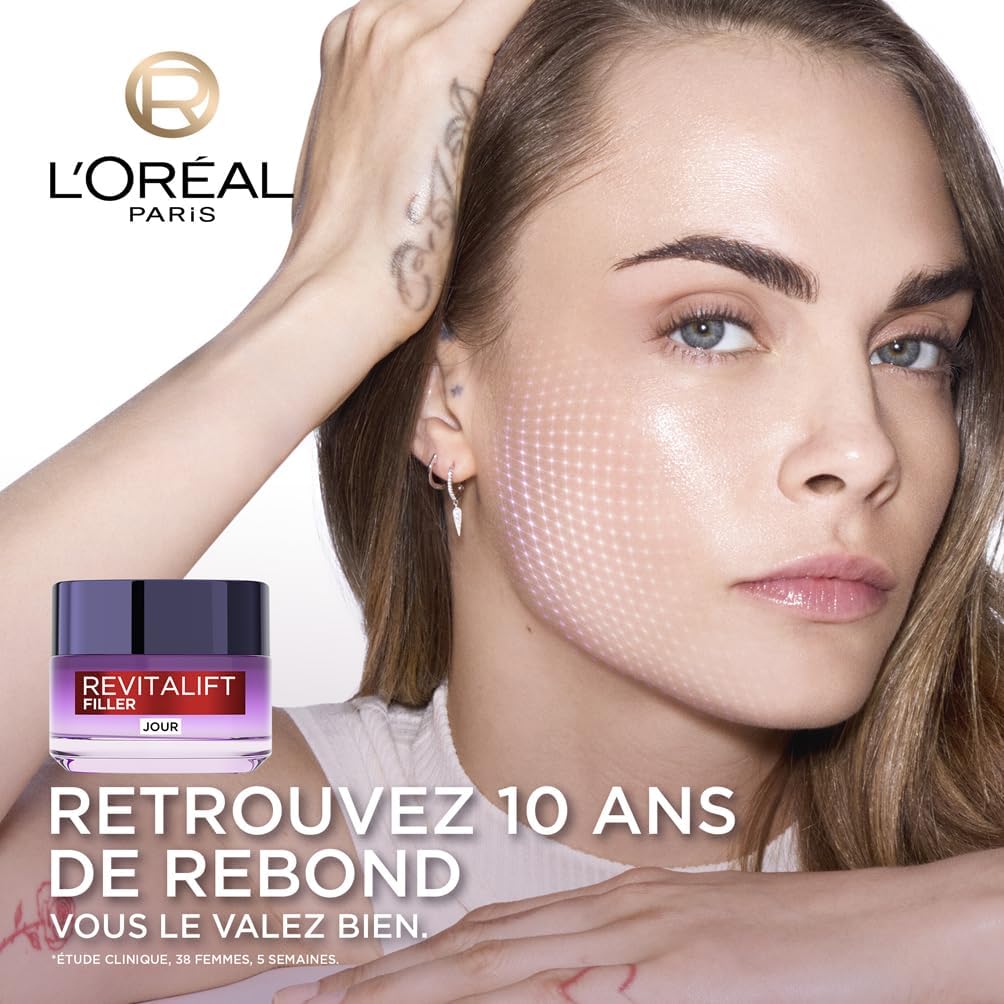 L'Oréal Paris - Soin Anti-Âge Revolumisant - Crème Jour Anti-Rides & Volume - Hydratation & Fermeté - Enrichi en Acide Hyaluronique - Pour Tous Types de Peaux - Revitalift Filler - 50 ml