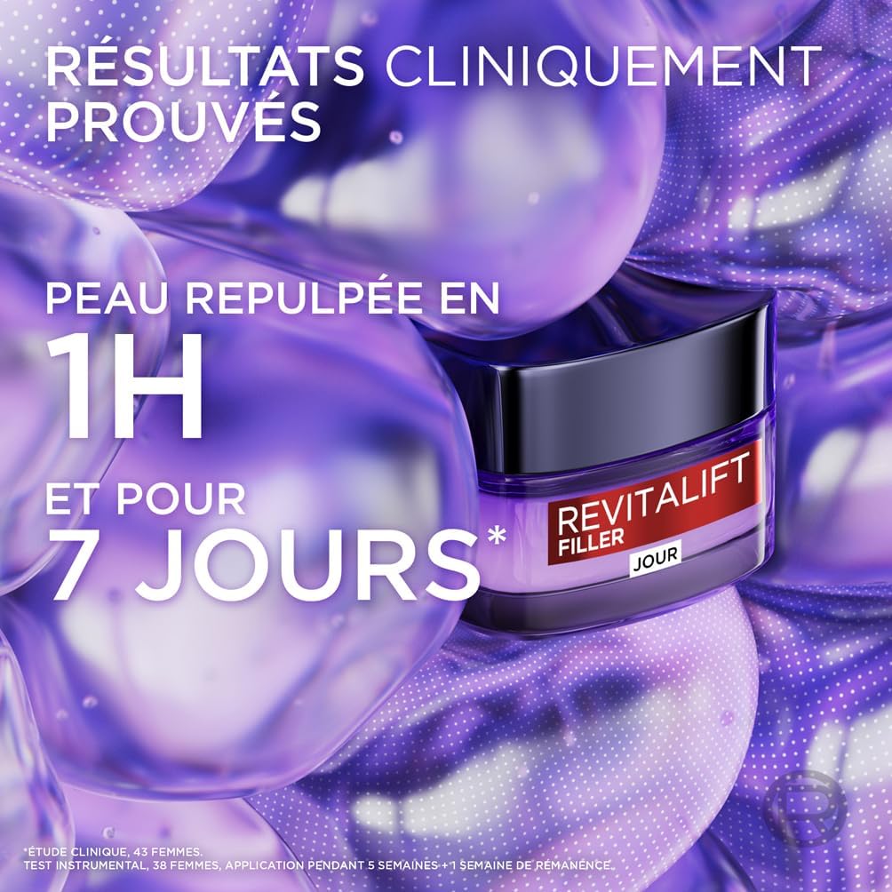 L'Oréal Paris - Soin Anti-Âge Revolumisant - Crème Jour Anti-Rides & Volume - Hydratation & Fermeté - Enrichi en Acide Hyaluronique - Pour Tous Types de Peaux - Revitalift Filler - 50 ml