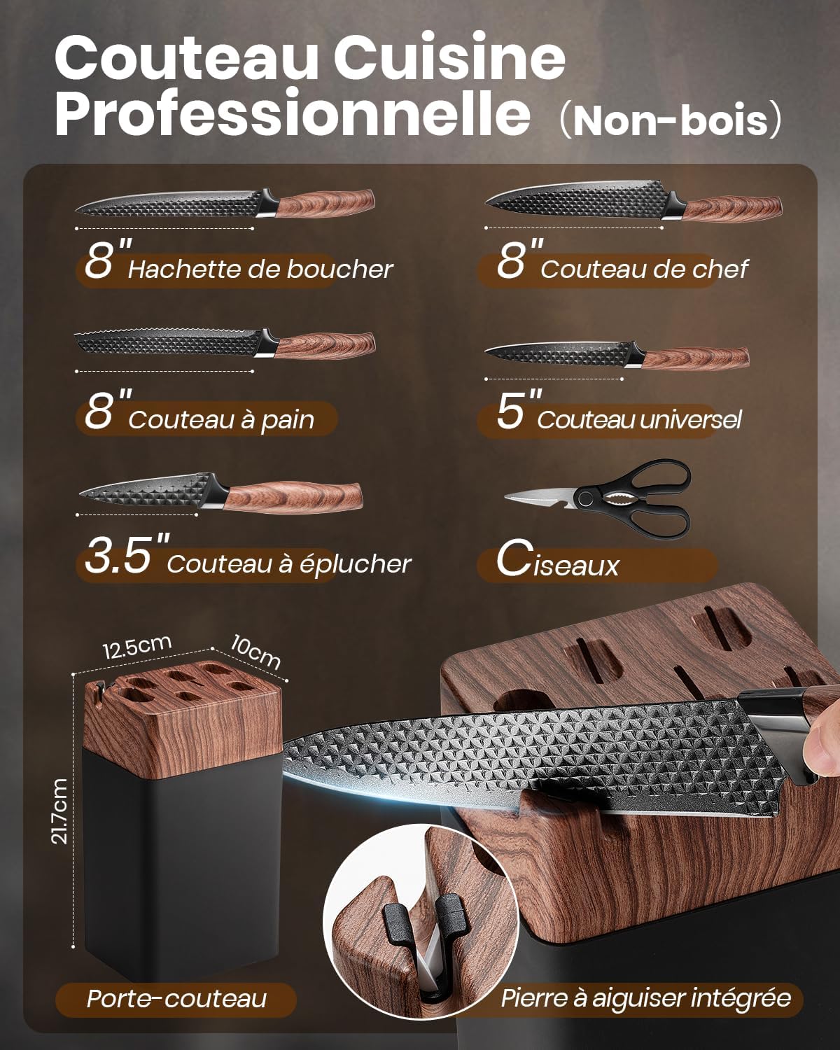 Couteau Cuisine, 7 Pièces Set Couteau Cuisine Tranchant avec Bloc, Lames en Acier Iinoxydable de Haute Qualité et Manches Ergonomiques, Set de Couteaux de Cuisine pour Usage Domicile（Non-bois）