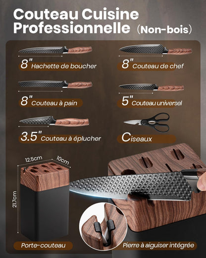 Couteau Cuisine, 7 Pièces Set Couteau Cuisine Tranchant avec Bloc, Lames en Acier Iinoxydable de Haute Qualité et Manches Ergonomiques, Set de Couteaux de Cuisine pour Usage Domicile（Non-bois）