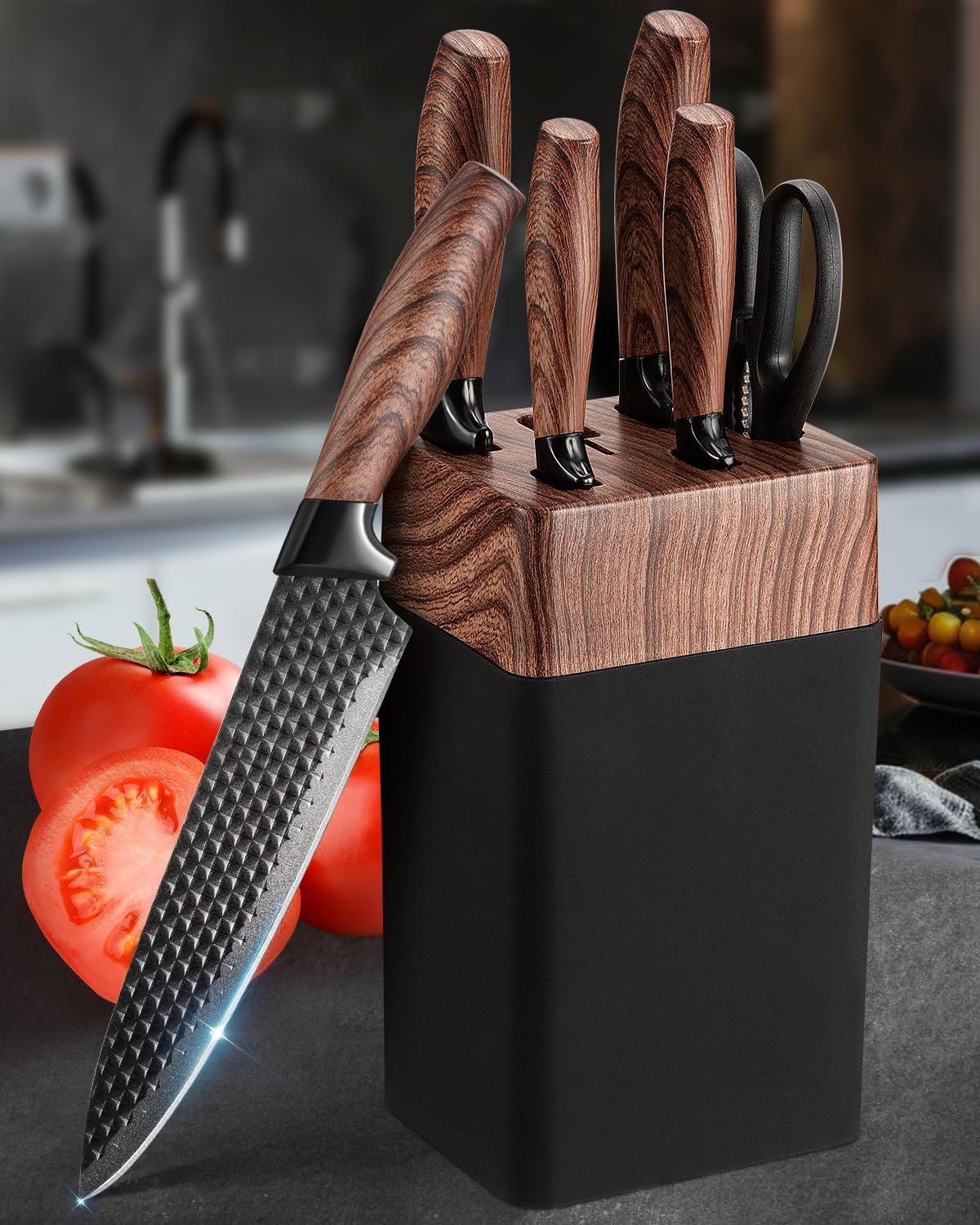 Couteau Cuisine, 7 Pièces Set Couteau Cuisine Tranchant avec Bloc, Lames en Acier Iinoxydable de Haute Qualité et Manches Ergonomiques, Set de Couteaux de Cuisine pour Usage Domicile（Non-bois）