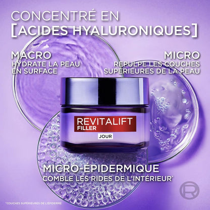 L'Oréal Paris - Soin Anti-Âge Revolumisant - Crème Jour Anti-Rides & Volume - Hydratation & Fermeté - Enrichi en Acide Hyaluronique - Pour Tous Types de Peaux - Revitalift Filler - 50 ml