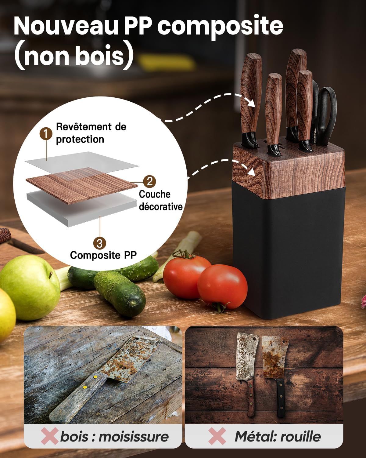 Couteau Cuisine, 7 Pièces Set Couteau Cuisine Tranchant avec Bloc, Lames en Acier Iinoxydable de Haute Qualité et Manches Ergonomiques, Set de Couteaux de Cuisine pour Usage Domicile（Non-bois）